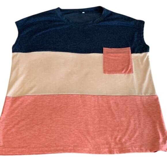 Color Block Tee With Pocket Navy/Beige/Coral XL - Picture 1 of 8